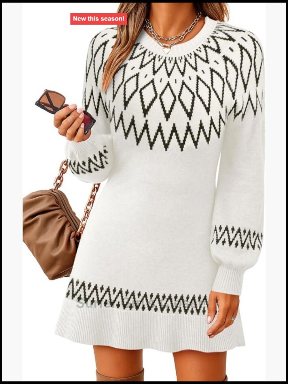Women's Knit Sweater Dress Fair Isle Lantern Sleeve Casual Crewneck Ribbed